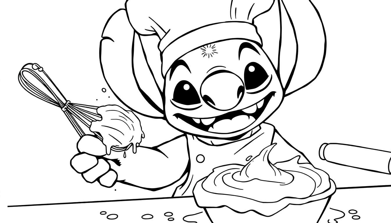 Dessin au trait noir et blanc de Stitch déguisé en chef cuisinier, préparant une pâte dans un bol avec un fouet et tenant un rouleau à pâtisserie. Colorier ce dessin de Stitch.