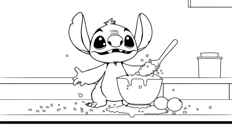 Dessin au trait noir et blanc de Stitch le personnage de Lilo & Stitch en train de cuisiner dans une cuisine, avec un bol de préparation débordant et une cuillère.