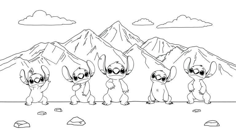 Coloriage de cinq personnages Stitch posant devant un paysage de montagne.
