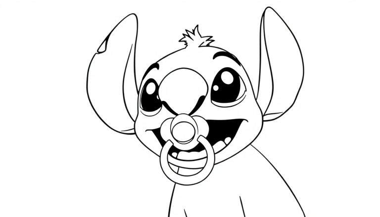Dessin au trait de Stitch, le personnage de dessin animé bleu, tenant une sucette rouge dans sa bouche avec un grand sourire, prêt à être colorié.