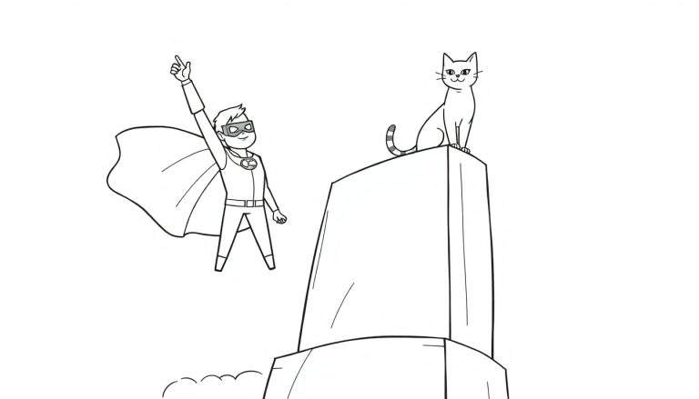 Dessin au trait d'un enfant en costume de super-héros volant, avec un chat sur le toit d'un immeuble.