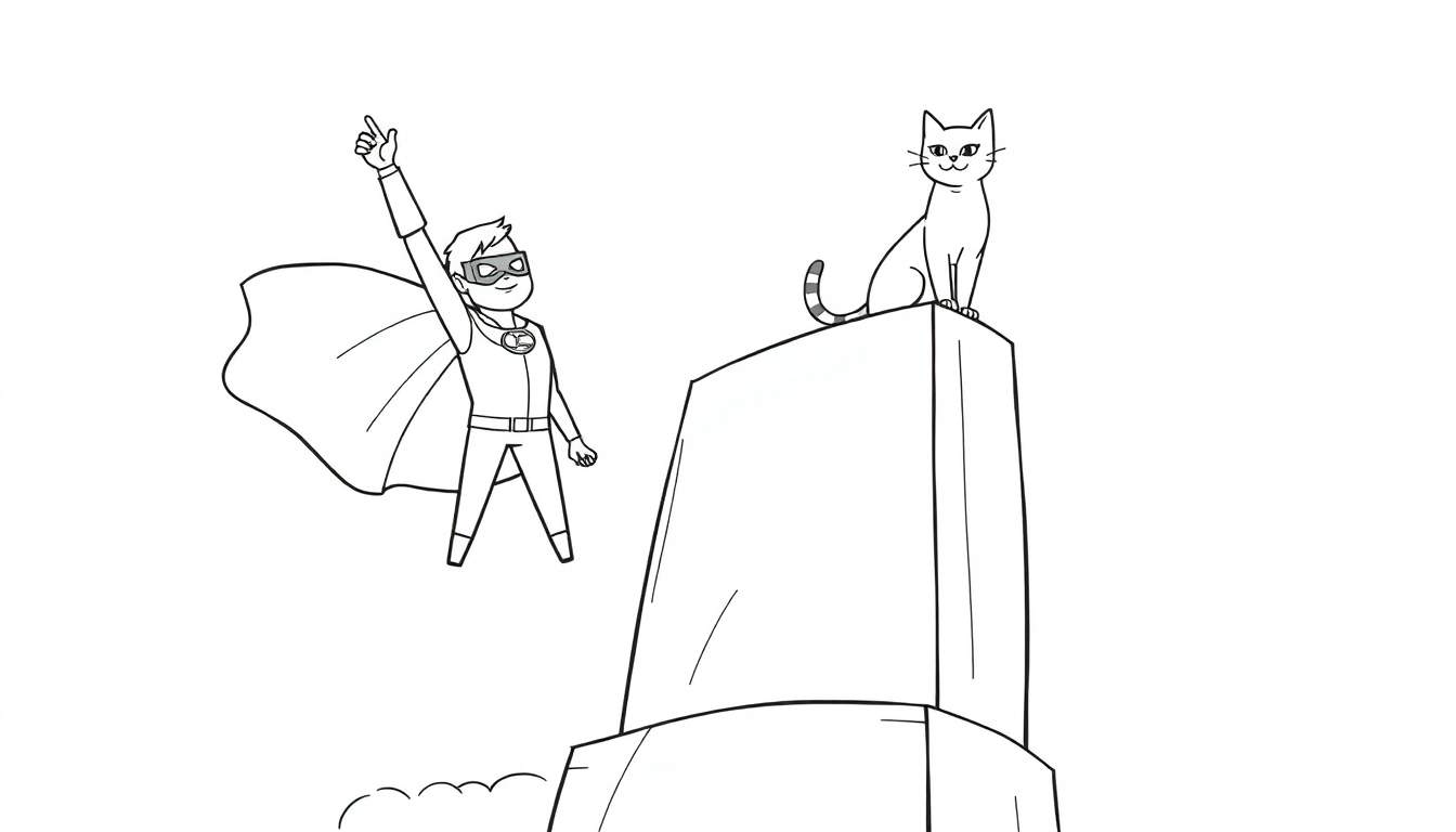 Dessin au trait d'un enfant en costume de super-héros volant, avec un chat sur le toit d'un immeuble.