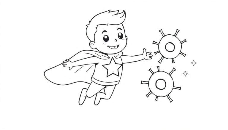 Dessin pour coloriage d'un jeune super-héros en costume, volant dans les airs avec une cape et une étoile sur son t-shirt, se dirigeant vers des formes rondes piquantes représentant des virus. Des étoiles scintillantes sont visibles.