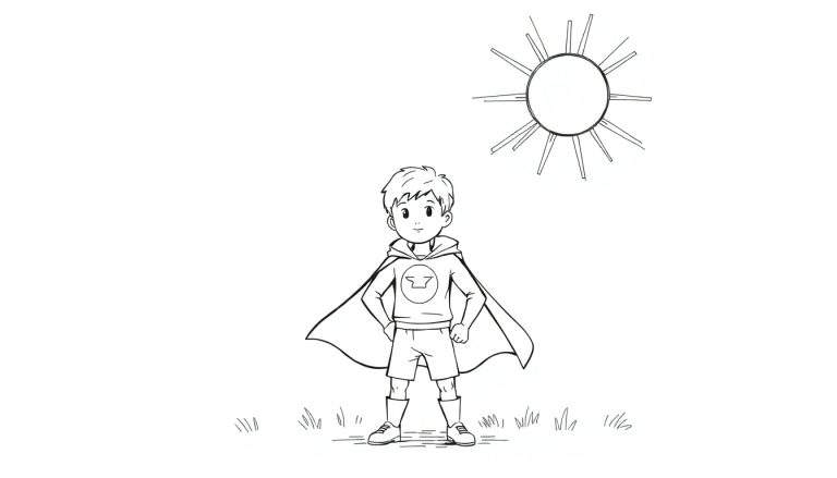 Dessin au trait d'un jeune garçon déguisé en super-héros, avec une cape et un sweat à capuche, se tenant debout dans l'herbe, les mains sur les hanches, un air confiant. Un soleil stylisé est présent dans le coin supérieur droit.