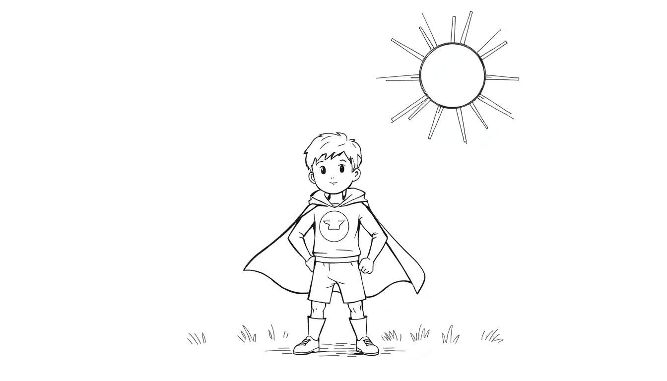 Dessin au trait d'un jeune garçon déguisé en super-héros, avec une cape et un sweat à capuche, se tenant debout dans l'herbe, les mains sur les hanches, un air confiant. Un soleil stylisé est présent dans le coin supérieur droit.