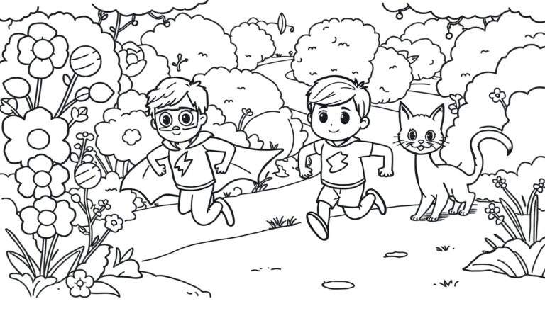 Coloriage de deux garçons, dont un en costume de super-héros, courant dans un jardin fleuri avec un chat.