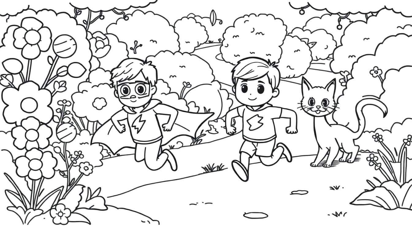 Coloriage de deux garçons, dont un en costume de super-héros, courant dans un jardin fleuri avec un chat.