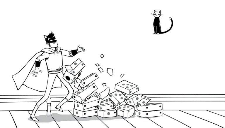 Coloriage d'un personnage de super-héros lançant des dominos, avec un chat noir.