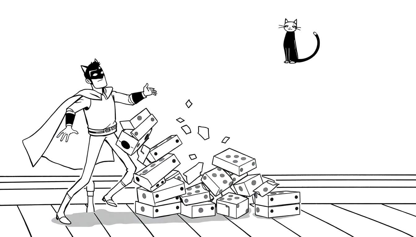 Coloriage d'un personnage de super-héros lançant des dominos, avec un chat noir.