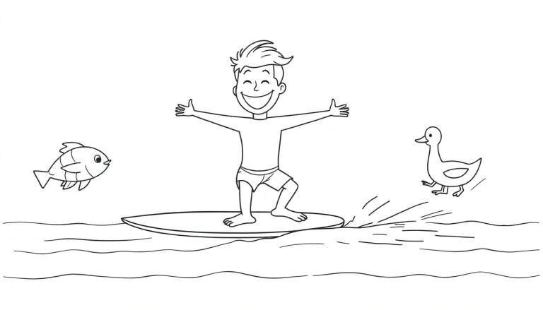 Coloriage d'un enfant surfant sur une vague, avec un poisson et un canard à proximité.
