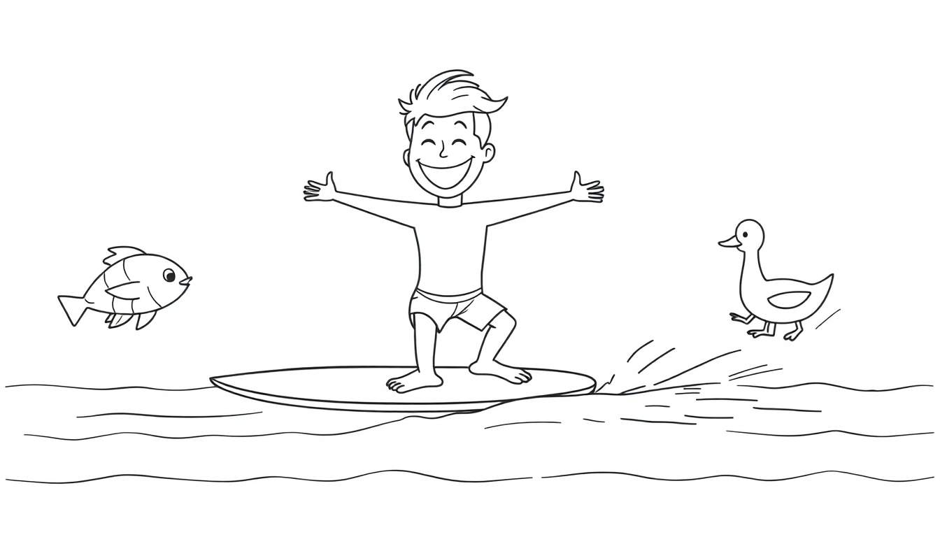 Coloriage d'un enfant surfant sur une vague, avec un poisson et un canard à proximité.