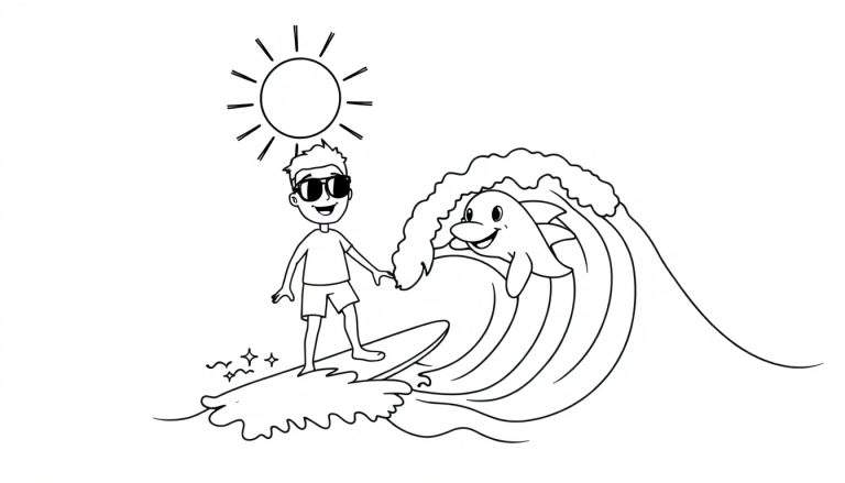 Dessin en noir et blanc d'un enfant surfeur avec un dauphin nageant à côté de lui dans une vague.
