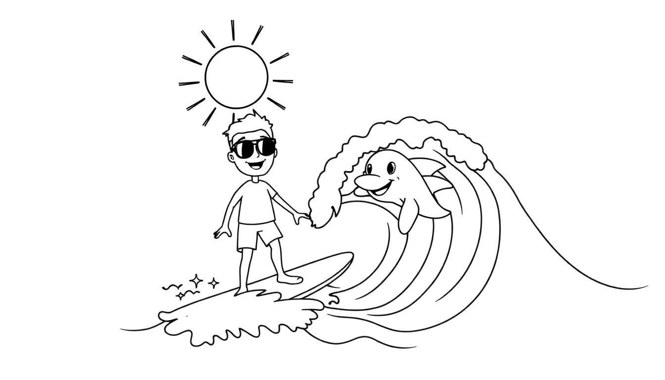 Dessin en noir et blanc d'un enfant surfeur avec un dauphin nageant à côté de lui dans une vague.
