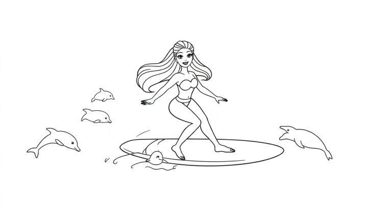 Coloriage d'une jeune fille faisant du surf, avec des dauphins nageant et sautant autour d'elle.