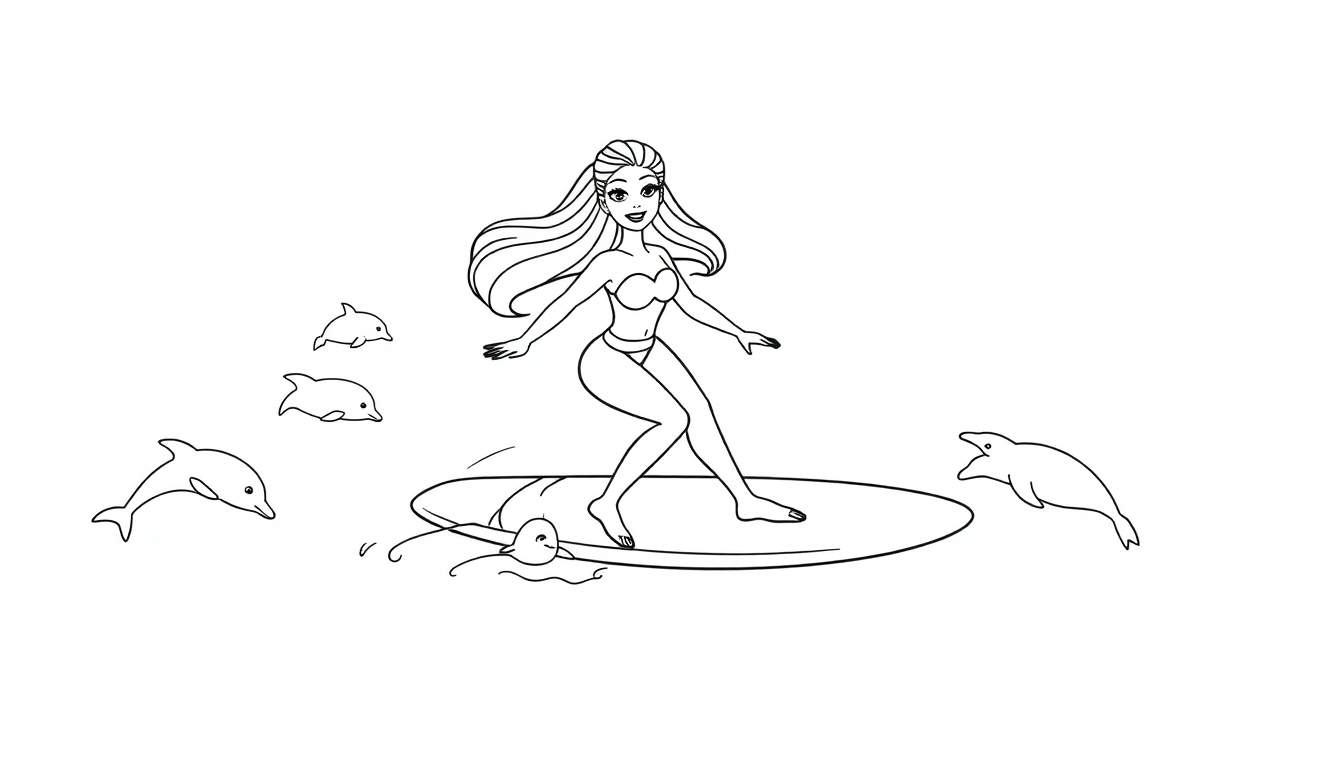 Coloriage d'une jeune fille faisant du surf, avec des dauphins nageant et sautant autour d'elle.