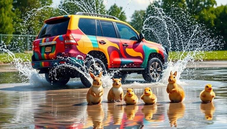 Coloriage d'un SUV traversant une flaque d'eau avec des animaux regardant.
