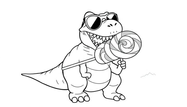 Dessin d'un dinosaure T-Rex cartoon avec une sucette, lunettes de soleil et un grand sourire.