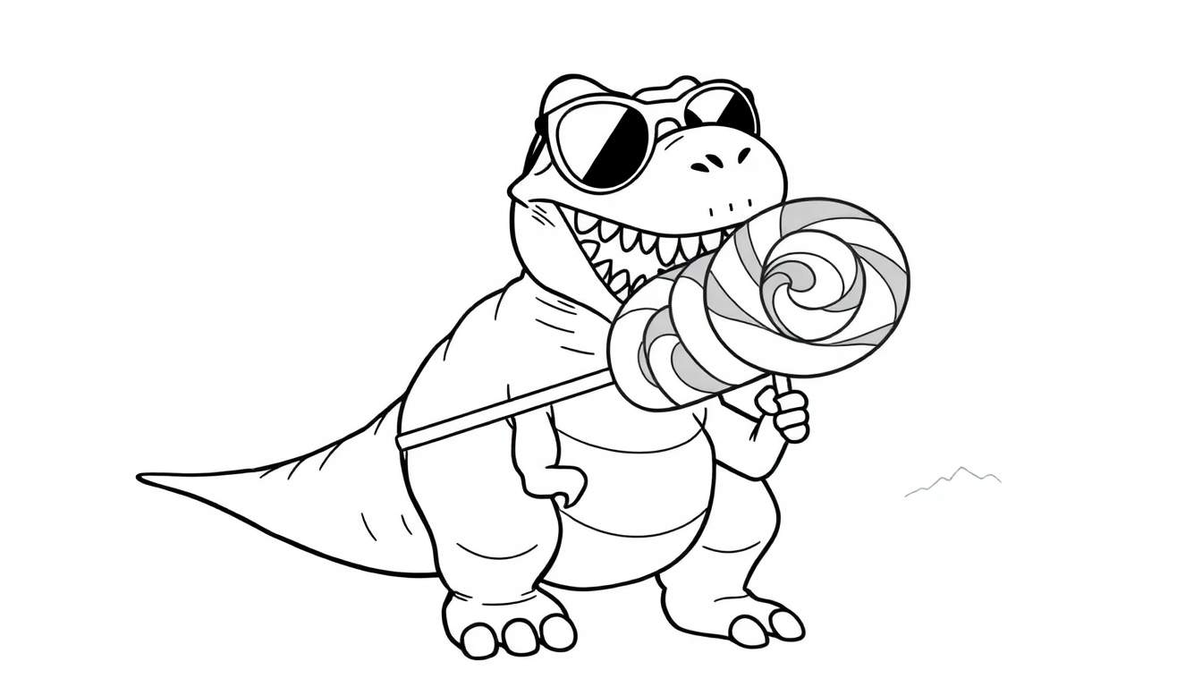 Dessin d'un dinosaure T-Rex cartoon avec une sucette, lunettes de soleil et un grand sourire.