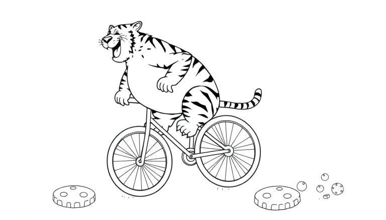 Dessin au trait noir et blanc d'un tigre potelé souriant à pleines dents, faisant du vélo. Des objets ronds sont au sol à côté.