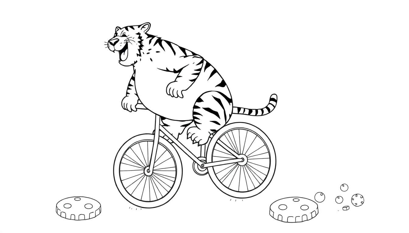 Dessin au trait noir et blanc d'un tigre potelé souriant à pleines dents, faisant du vélo. Des objets ronds sont au sol à côté.