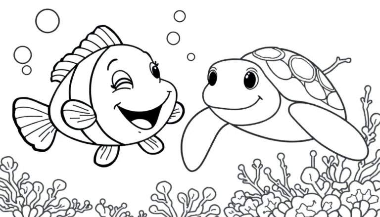 Coloriage d'une tortue marine et d'un poisson clown nageant ensemble, avec des bulles et du corail.