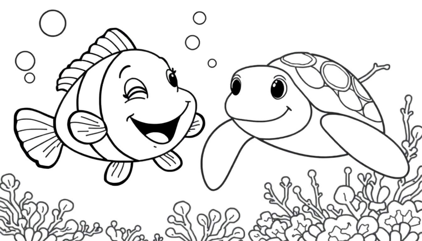 Coloriage d'une tortue marine et d'un poisson clown nageant ensemble, avec des bulles et du corail.