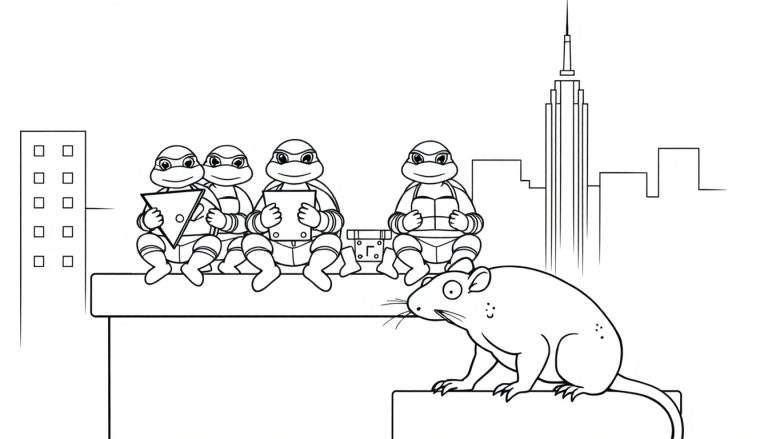 Coloriage des Tortues Ninja et de Splinter sur un toit d'immeuble à New York.