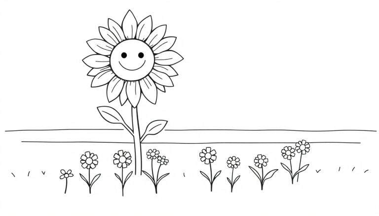 Dessin au trait noir et blanc d'un tournesol souriant à gauche, entouré de petites fleurs et d'herbe dans un champ.