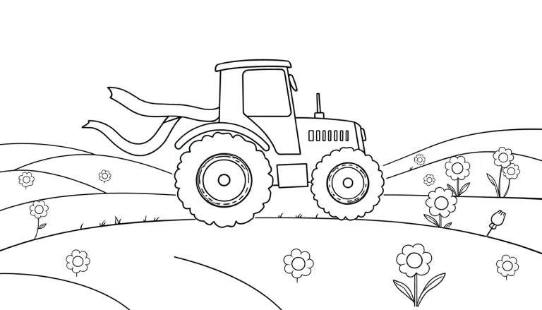 Dessin au trait d'un tracteur dans un paysage champêtre avec des rubans flottants.