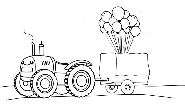 Dessin au trait d'un tracteur souriant tirant une remorque remplie de ballons.