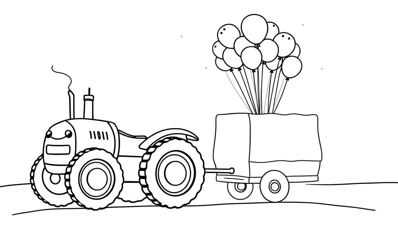 Dessin au trait d'un tracteur souriant tirant une remorque remplie de ballons.