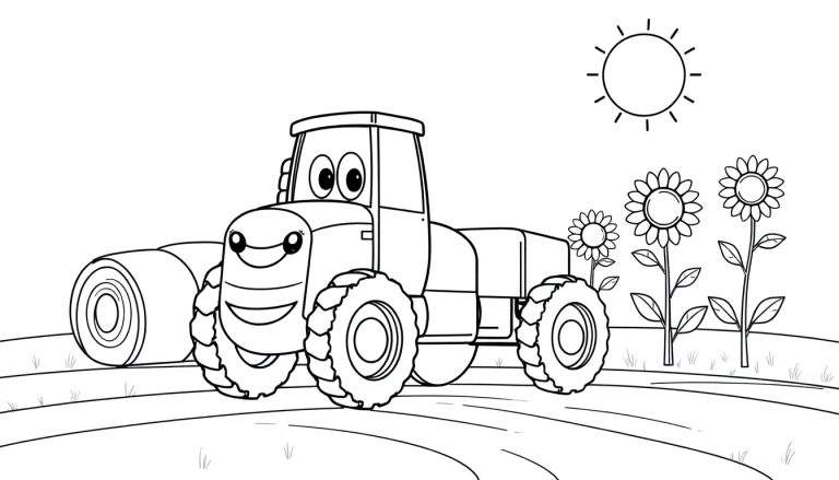 Dessin au trait d'un tracteur souriant dans un champ avec une botte de foin, des tournesols et le soleil.