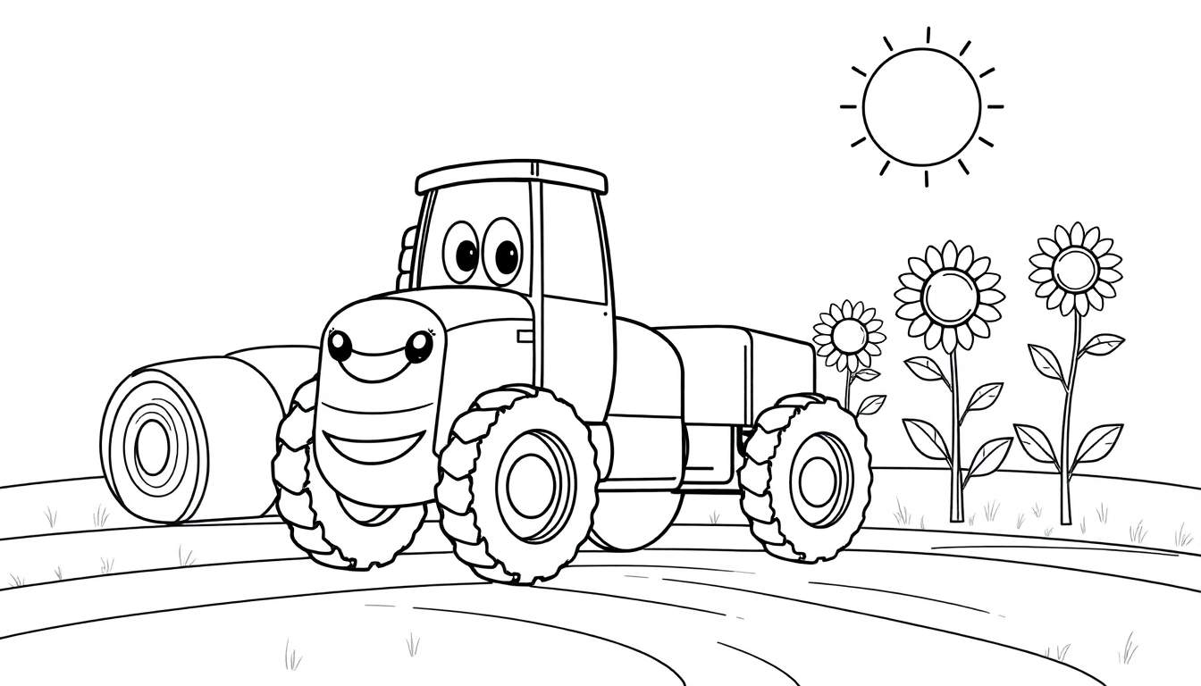 Dessin au trait d'un tracteur souriant dans un champ avec une botte de foin, des tournesols et le soleil.