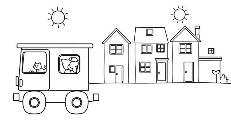 Dessin au trait noir et blanc d'un train avec un chaton et un chien, des maisons et deux soleils, prêt à être colorié.