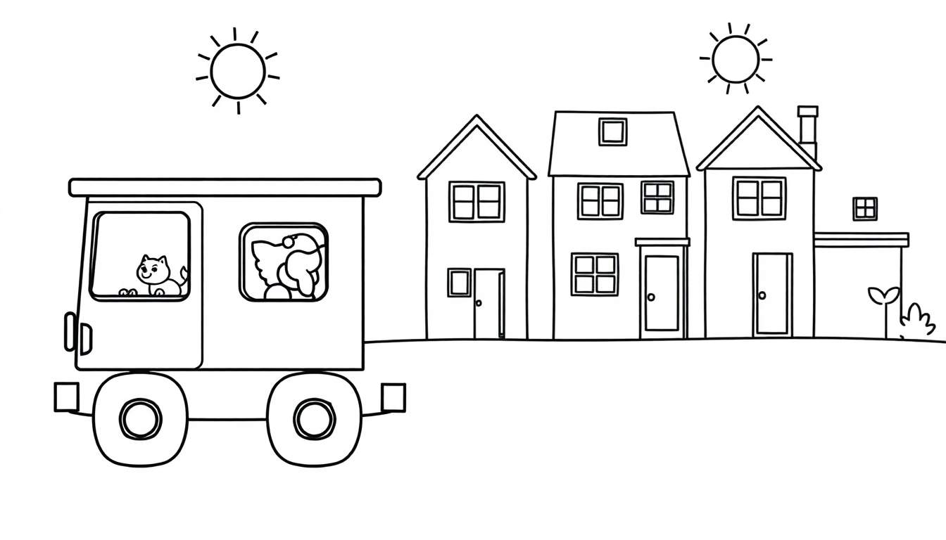 Dessin au trait noir et blanc d'un train avec un chaton et un chien, des maisons et deux soleils, prêt à être colorié.