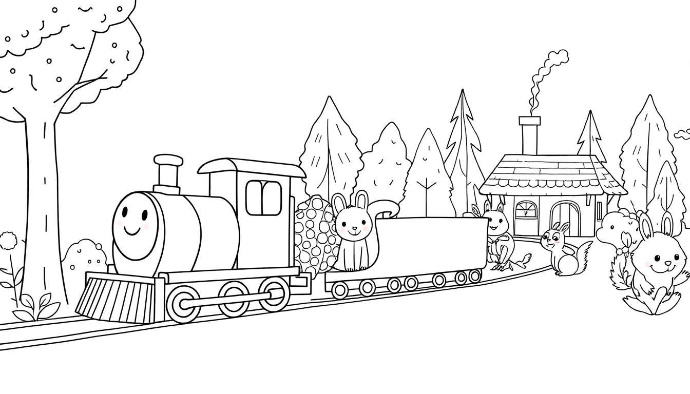 Dessin au trait noir et blanc d'un train à vapeur souriant avec un œuf de Pâques décoré, un lapin, un deuxième wagon vide, une maison et des animaux de la ferme dans un paysage boisé, prêt à être colorié.