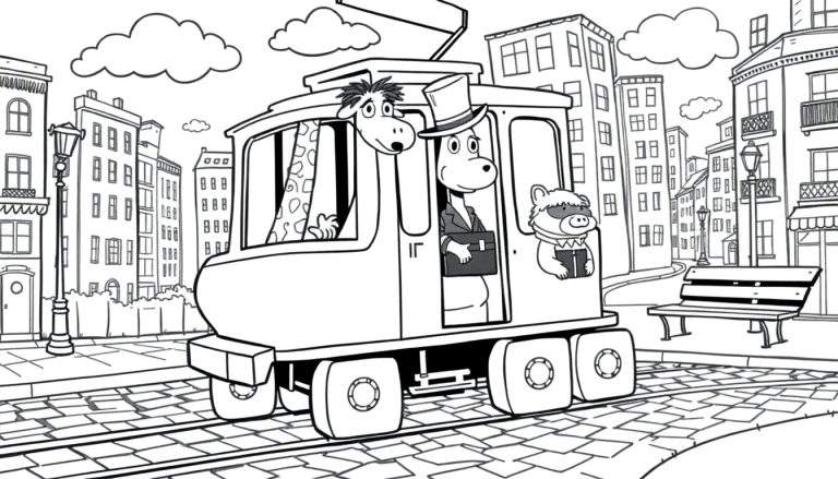 Coloriage d'un tramway fantaisiste traversant une rue de ville européenne avec des personnages excentriques comme une girafe, un homme en chapeau haut de forme et un animal en bandana.