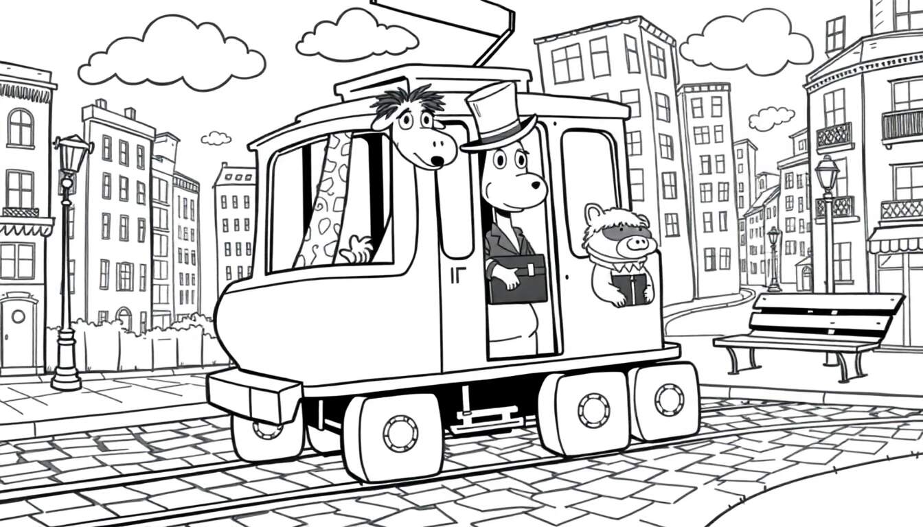 Coloriage d'un tramway fantaisiste traversant une rue de ville européenne avec des personnages excentriques comme une girafe, un homme en chapeau haut de forme et un animal en bandana.