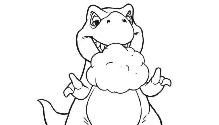 Dessin au trait noir et blanc d'un dinosaure T-Rex souriant mangeant de la barbe à papa, fond blanc.