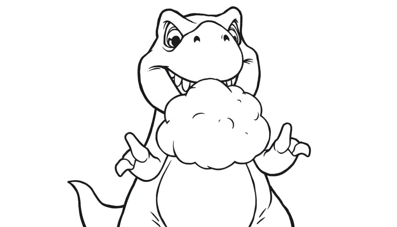 Dessin au trait noir et blanc d'un dinosaure T-Rex souriant mangeant de la barbe à papa, fond blanc.