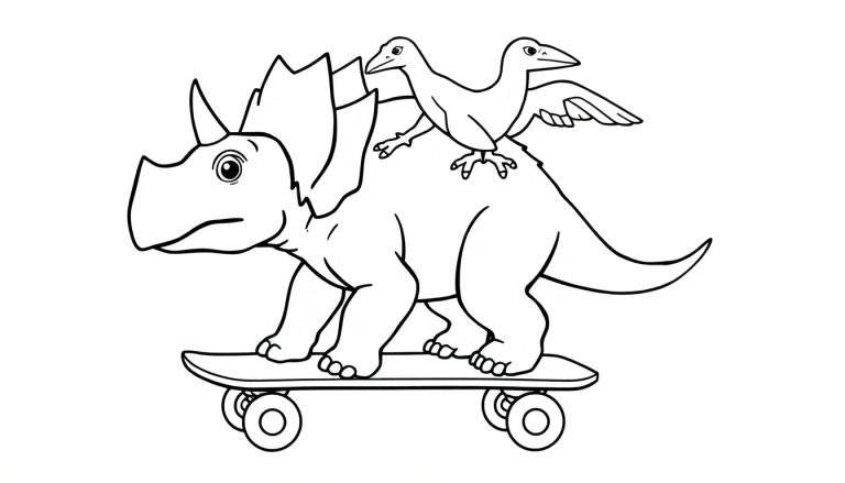Coloriage d'un dinosaure tricératops faisant du skateboard avec deux ptérodactyles sur son dos.