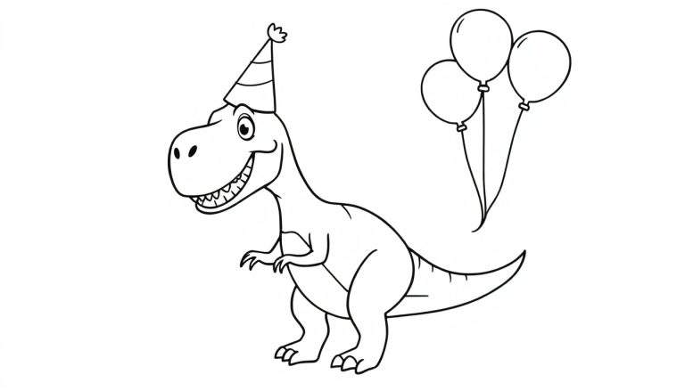 Coloriage d'un dinosaure Tyrannosaure Rex souriant portant un chapeau de fête avec des ballons.