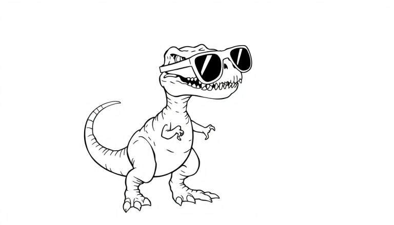 Coloriage d'un Tyrannosaure Rex cool portant des lunettes de soleil.