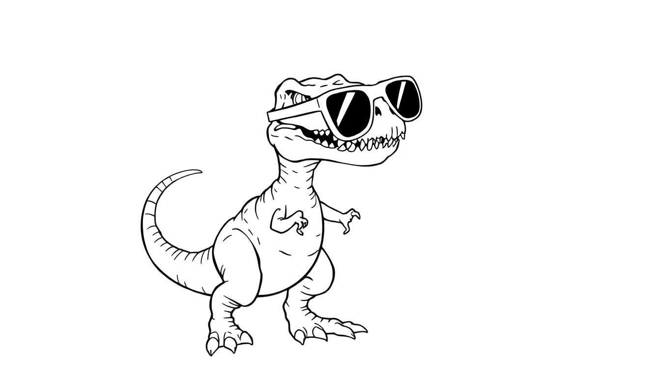 Coloriage d'un Tyrannosaure Rex cool portant des lunettes de soleil.