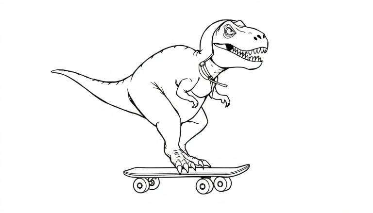 Coloriage d'un Tyrannosaure Rex cool faisant du skateboard avec un casque.