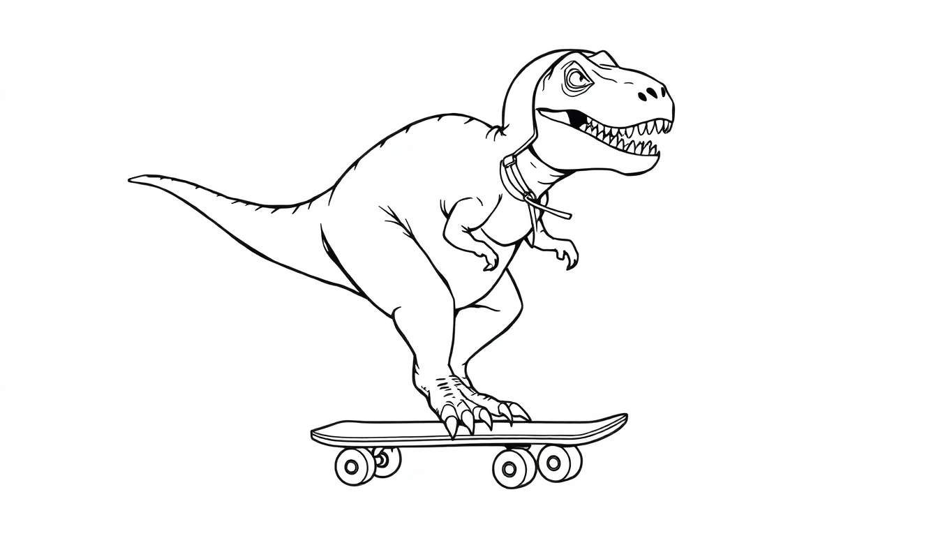 Coloriage d'un Tyrannosaure Rex cool faisant du skateboard avec un casque.