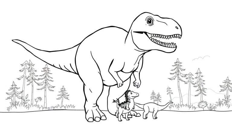 Dessin au trait d'un Tyrannosaure Rex protégeant ses enfants dans une forêt jurassique avec des arbres et d'autres petits dinosaures.