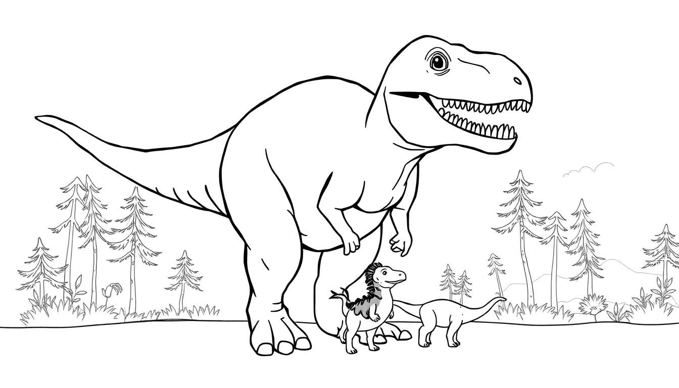 Dessin au trait d'un Tyrannosaure Rex protégeant ses enfants dans une forêt jurassique avec des arbres et d'autres petits dinosaures.