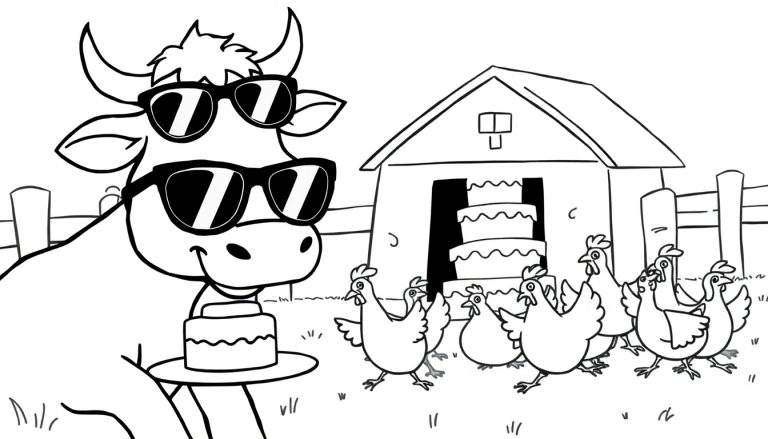 Coloriage d'une vache avec des lunettes de soleil mangeant un gâteau, près d'une grange pleine de gâteaux et de poules.