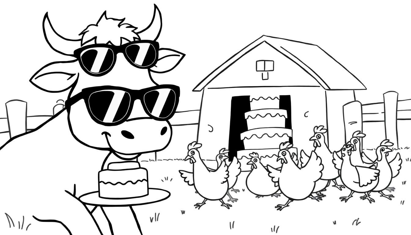 Coloriage d'une vache avec des lunettes de soleil mangeant un gâteau, près d'une grange pleine de gâteaux et de poules.